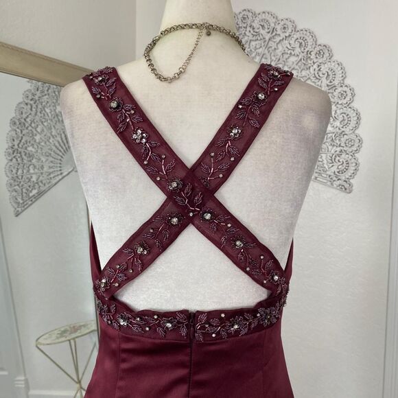Burgundy Red Ethereal Whimsygoth Embroidered Evening Prom Formal Slip Dress S/6 - Picture 6 of 8